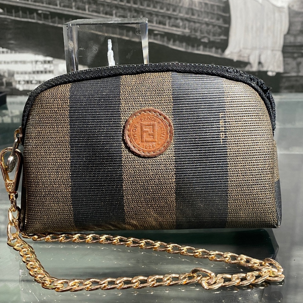Authentic Fendi Pequin Brown & Black Striped Canvas Pouch - Picture 3 of 16